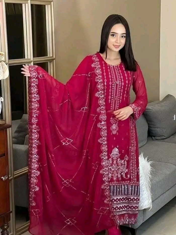 Unstitched Fully luxry shipon Fabric strobery ,luxery shipon Dupatta Computer Embroidery with sequince Work Free Size Exclusive Designer party waer/Latest Braidal /Awsome Dress Collection for Women/girls